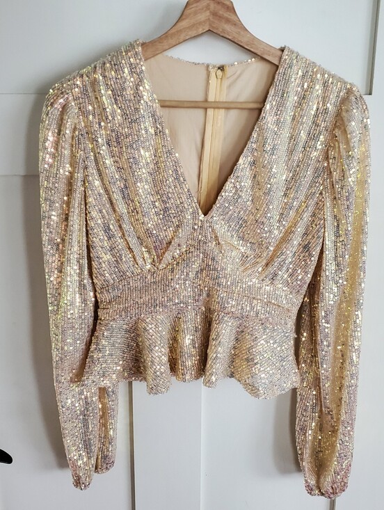 privy Tops - Champagne Gold Sequin V-Neck Peplum Babydoll Y2K Stretch Puff Sleeve Top WomensM